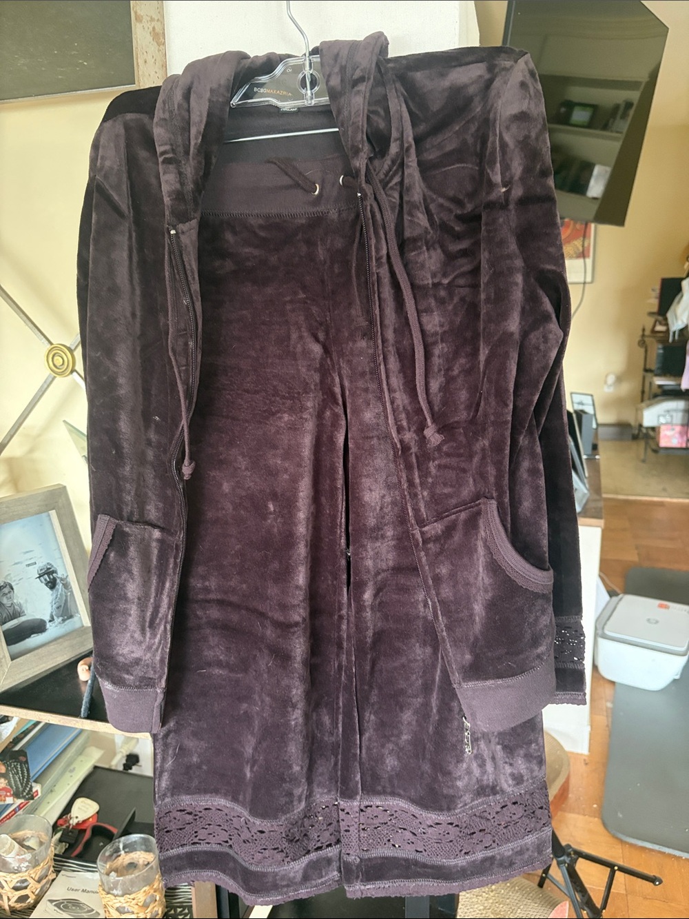 BCBG Plush Hooded Long Coat in Deep Plum